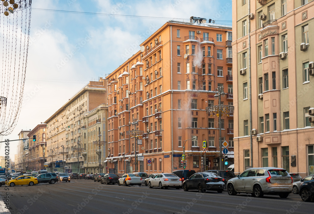 One of the main radial streets of Moscow Tverskaya street on a sunny winter day, Russia