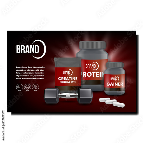 Sport Supplement Creative Promo Banner Vector. Protein And Gainer, Creatine Monohydrate Pills Blank Bag And Container, Sport Equipment Dumbbell Advertising Poster. Style Concept Template Illustration