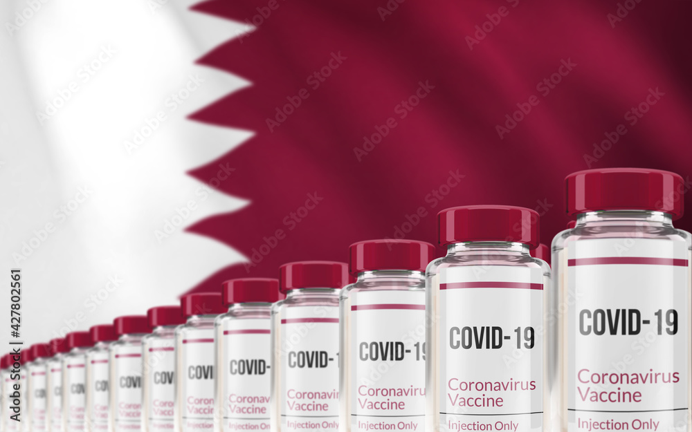 Rows of multiple Covid-19 vaccine vials with flag of Qatar in ...