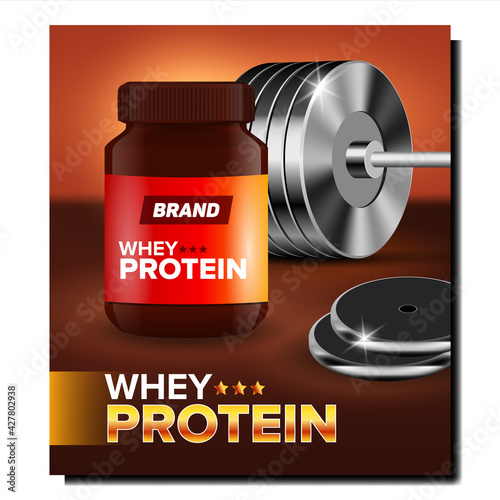 Whey Protein Creative Promotional Banner Vector. Whey Protein Blank Bottle And Barbell Gym Sport Equipment On Advertising Poster. Sportsman Vitamin Nourishment Style Concept Template Illustration