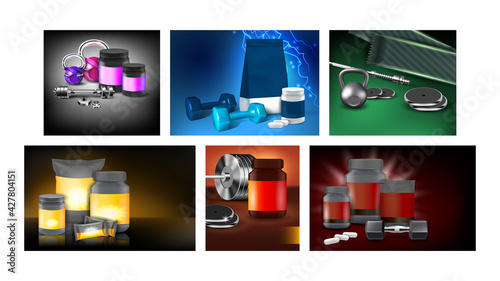 Sports Supplements Promotional Posters Set Vector. Protein Bar And Whey, Bcaa And Creatine Monohydrate Sports Supplements Collection Of Advertising Banners. Style Concept Template Illustrations