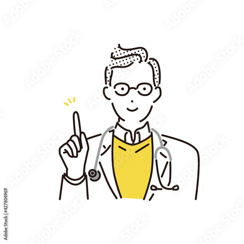 シンプル　イラスト　指差しポーズをする白衣の男性