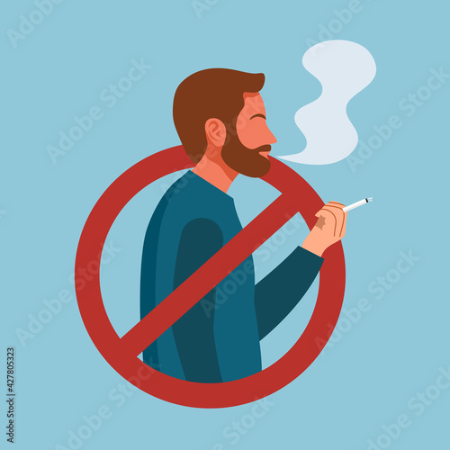 Smoking man inside prohibited sign in flat design. No smoking concept.