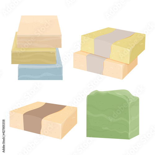 Set of natural handmade vector soap bar in cartoon flat style in trendy colors isolated on white background. Collection Organic spa soap making.