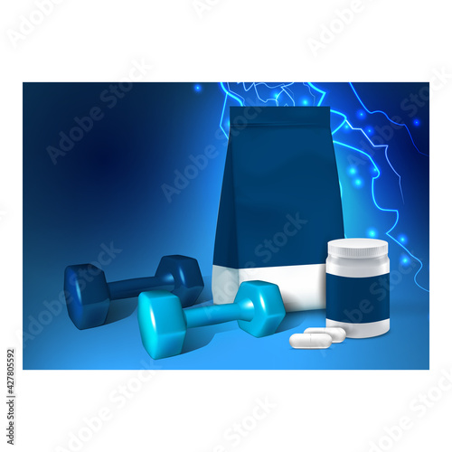 Sports Supplements Nutrient Promo Banner Vector. Soy Protein And Bcaa Sports Supplements Blank Packages, Dumbbell Sportive Tool On Advertise Poster. Organic Product Style Concept Layout Illustration