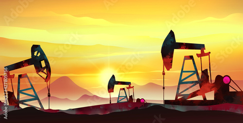 Illustration of industrial scene of oil pumping unit energy exploitation