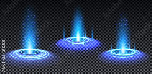 Blue hologram portal set. Magic fantasy portal. Magic circle teleport podium with hologram effect. Vector blue glow rays with sparks on transparent background.