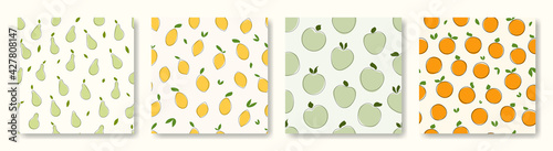 Set of seamless vector fruit patterns. Hand drawn pears, lemons, apples, oranges in doodle style. Printing on clothing, wallpaper, textiles, wrapping paper