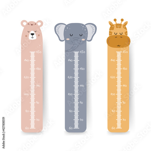 Kids height chart. Cute wall meter with boho animals. Vector template. Cartoon zoo. Design of children products in scandinavian style.