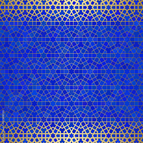 Abstract background with islamic ornament, arabic geometric texture. Golden lined tiled motif.