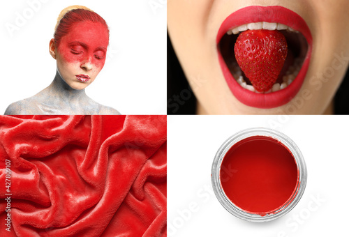 Collage of photos in red an...