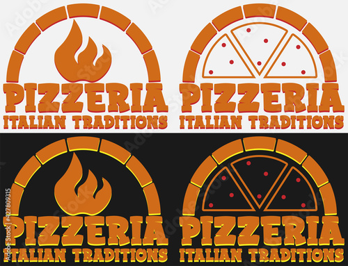 set of pizzeria logo on dark and light background with oven