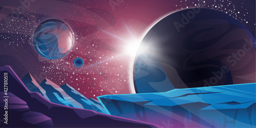 Cosmic background, alien planet deserted landscape with mountains, rocks, deep cleft and stars shine in space. Extraterrestrial computer game backdrop, parallax effect cartoon vector illustration