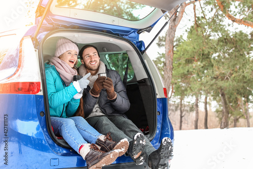 Happy young couple drinking hot tea in car trunk on winter day
