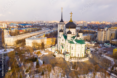 Aerial view of majestic building of Annunciation Cathedral, temple of Russian Orthodox Church in Voronezh on winter day