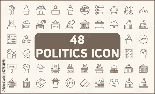 Set of 48 vote and politics line style. Contains such icons as democracy, government, tribune, president, protest, voting, polls And Other Elements. customize color, easy resize.