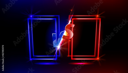 Versus screen design with shiny neon frames for game battles, sport competition and challenge. Vector template of headline with glowing blue and red VS symbols for mma or boxing match