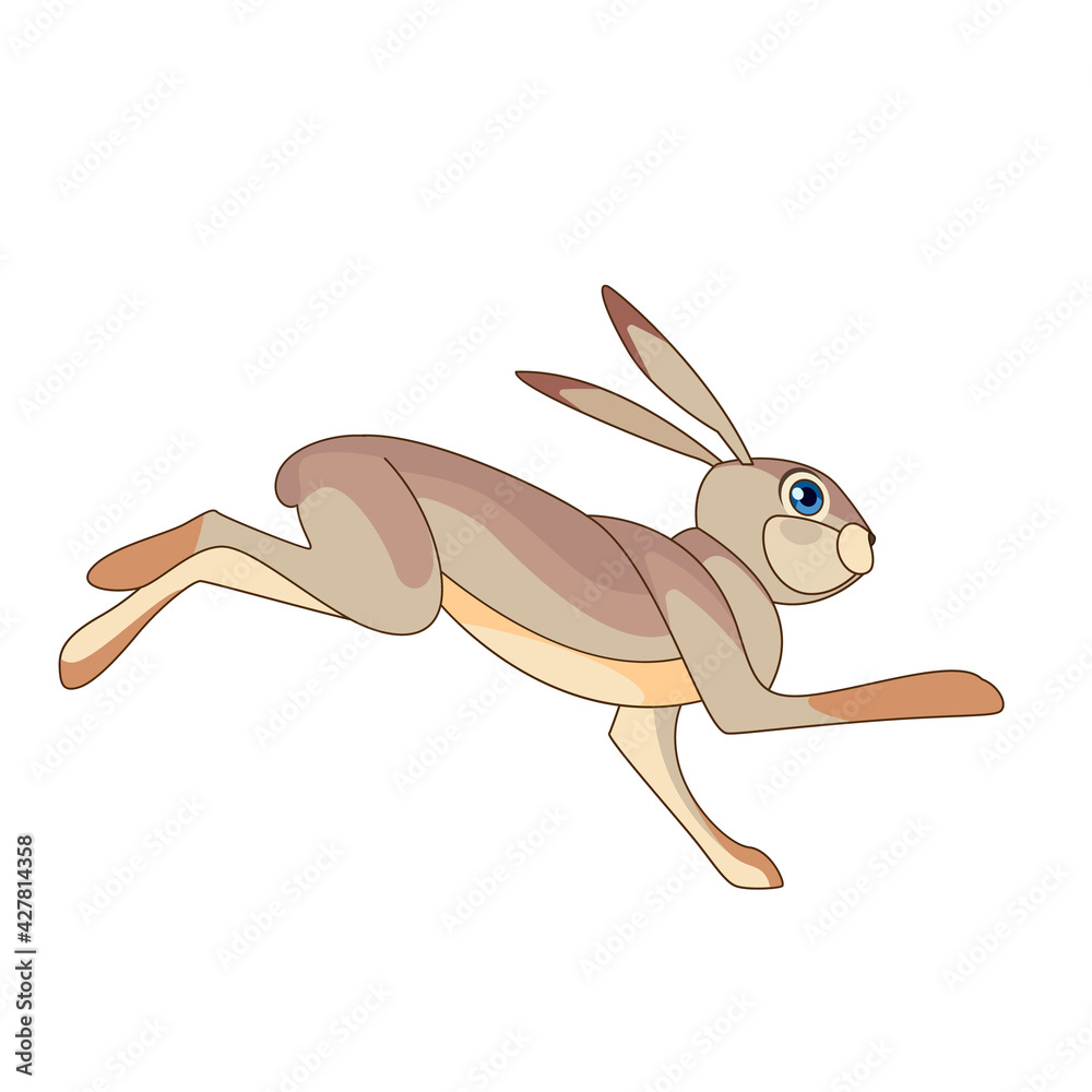 Hare running. Rabbit wild northern forest animal. Cartoon character of a small mammal animal. A wild forest creature with gray fur. Side view. Vector flat illustration isolated on a white background
