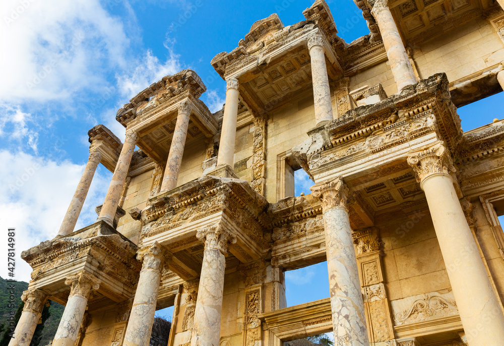 View of the decorative facade of the Library of Celsus in ancient Ephesus, Turkey