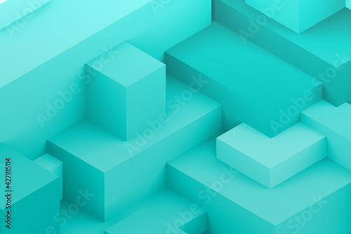 Abstract green blue geometric cubic dark color background. isometric 3d render.