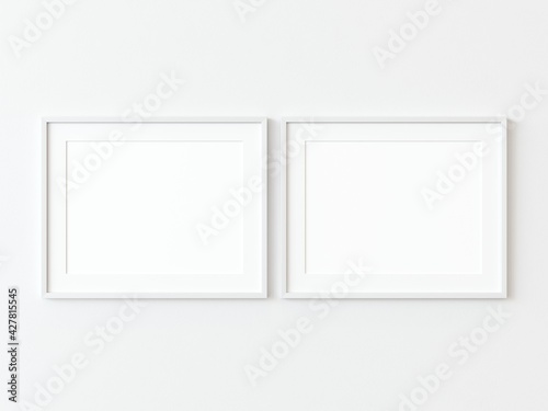 Two light wood thin rectangular horizontal frame hanging on a white textured wall mockup, Flat lay, top view, 3D illustration