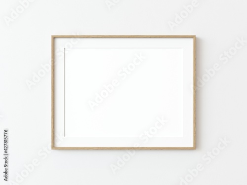 Light wood thin rectangular horizontal frame hanging on a white textured wall mockup, Flat lay, top view, 3D illustration