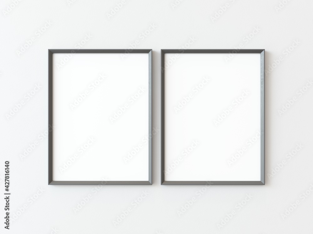 Two grey wooden rectangular vertical frames hanging on a white textured wall mockup, Flat lay, top view, 3D illustration Two grey wooden rectangular vertical frames hanging on a white textured wall mockup, Flat lay, top view, 3D illustration