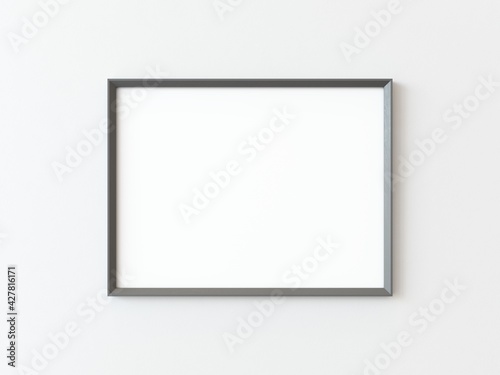 One grey wooden rectangular horizontal frame hanging on a white textured wall mockup, Flat lay, top view, 3D illustration