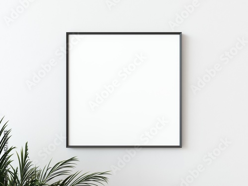 Fototapeta Naklejka Na Ścianę i Meble -  One black thin square frame hanging on a white textured wall mockup with palm leaves to the left, Flat lay, top view, 3D illustration