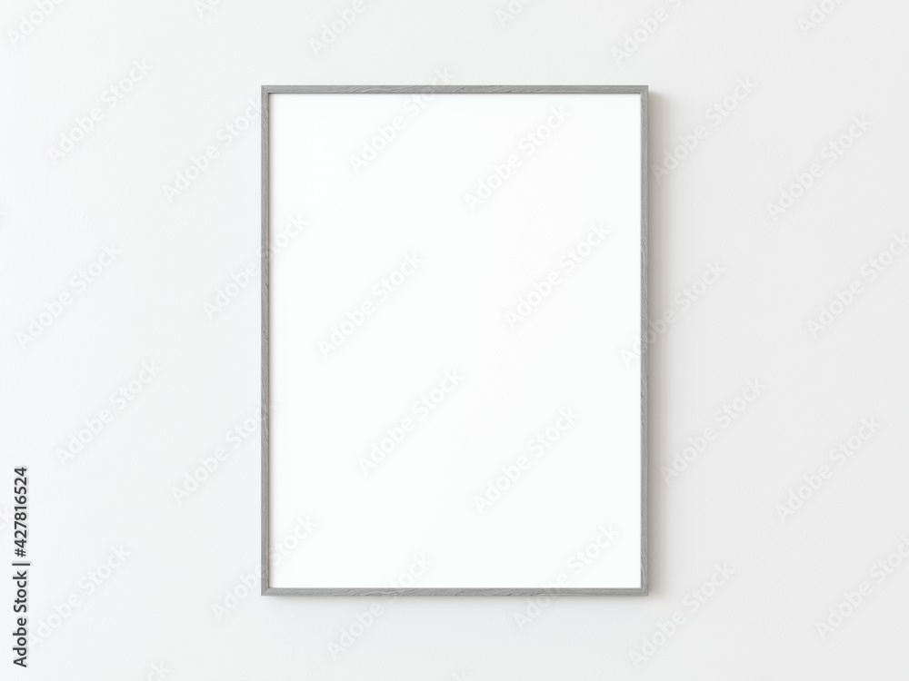 One grey  thin rectangular vertical frame hanging on a white textured wall mockup, Flat lay, top view, 3D illustration