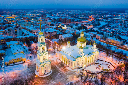 Night aerial view of reconstructed Orthodox Spassky Cathedral in Russian city of Penza in winter.