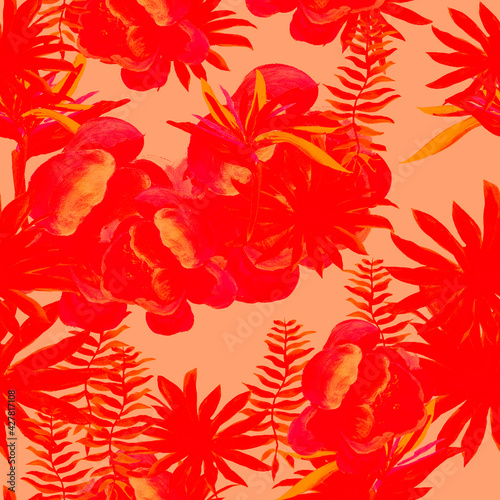 Pink Pattern Art. Coral Tropical Botanical. Scarlet Floral Art. Red Drawing Texture. Ruby Fashion Leaves. Spring Foliage. Garden Background. Flora Foliage.