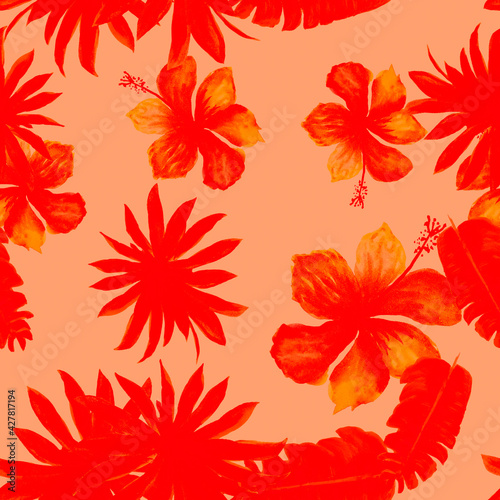 Ruby Seamless Botanical. Red Pattern Plant. Coral Tropical Leaf. Pink Flower Plant. Scarlet Spring Leaves. Banana Leaves. Floral Plant. Watercolor Textile.