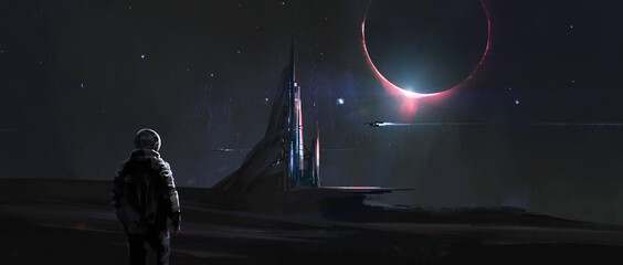 Fototapete Grau 2 Die prächtigen Gebäude auf dem fremden Planeten, digitale Malerei, 3D-Illustration.  © liuzishan