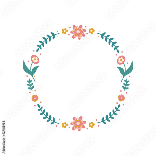 Floral round frame isolated on white background. Fashionable colorful design in cartoon style. Vector illustration