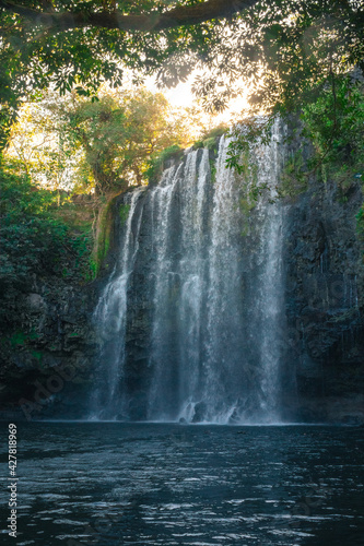 waterfall falling into a natural pool in a wooded area in the dry tropics