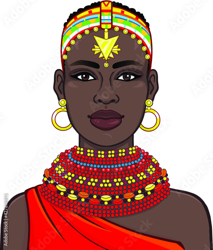 Animation portrait of the beautiful African woman in ancient clothes and jewelry. Color drawing. Vector illustration isolated on a white background. Print, poster, t-shirt, card.