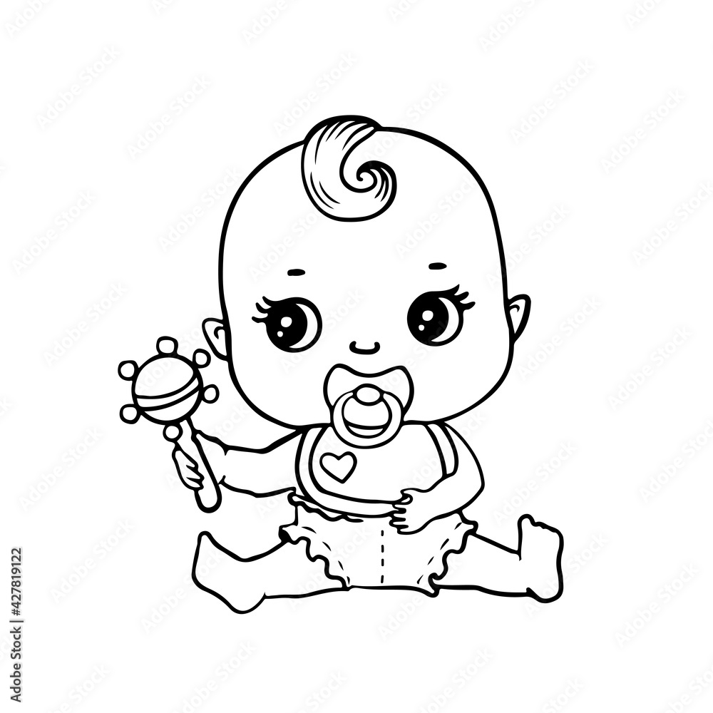 Cute baby in diaper with rattle for coloring page or book. Black and ...