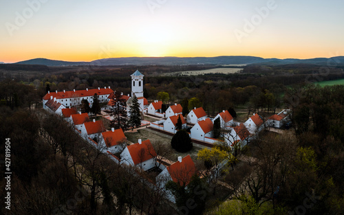 Kamadul monastery in Majk Hungary.The famous baroque Camaldolese monastery on a spring morning from aerial view. Beatiful attraction near by Oroszlany city. photo