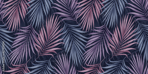 Tropical exotic seamless pattern with blue, pink and violet color palm leaves. Hand-drawn dark vintage illustration, background, texture. Good for production wallpapers, cloth, fabric printing