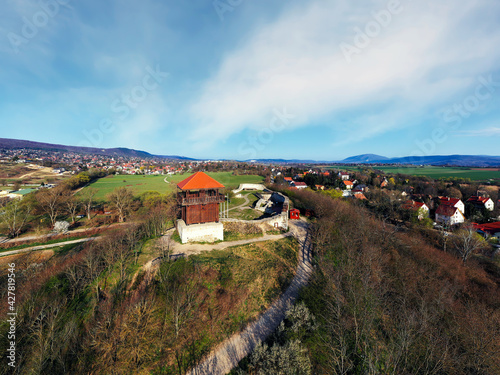 Castle ruins in Solymar city Hungary. historical reserved ruins near by Budapest. Amazing panoramic aerial view about this place photo