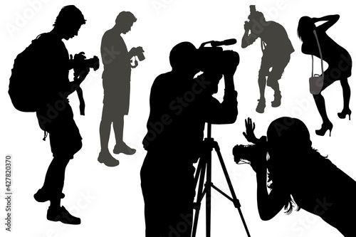 Vector silhouettes people with cameras, camcorder. Set of Men and Women photographers, tourists take pictures in different poses hold camera in their hands, get ready to take pictures, look into frame