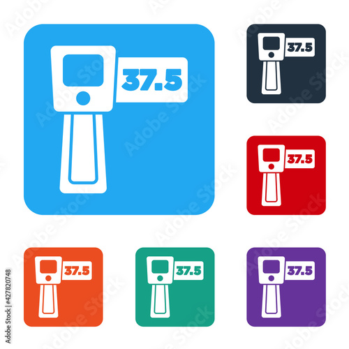 White Digital contactless thermometer with infrared light icon isolated on white background. Set icons in color square buttons. Vector