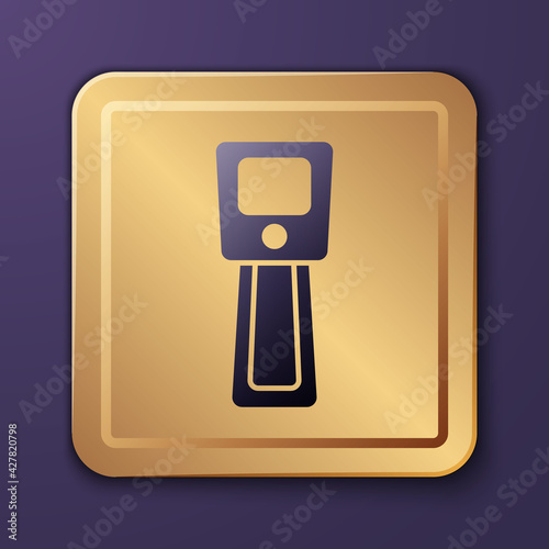 Purple Digital contactless thermometer with infrared light icon isolated on purple background. Gold square button. Vector