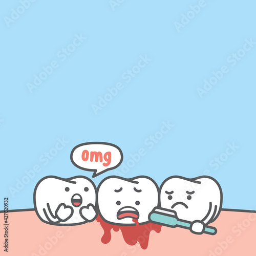 Blank banner dental cartoon of white teeth bleeding while cleaning by brushing with toothbrush illustration cartoon character vector design on blue background. Dental care concept.