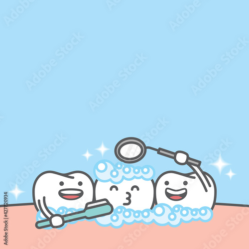 Blank banner dental cartoon of white teeth cleaning by brushing with toothbrush and checkup with dental mirror illustration cartoon character vector design on blue background. Dental care concept.