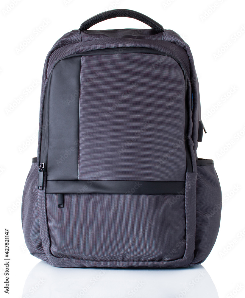 Men's grey backpack made of textile with pockets. A white background Men's grey backpack made of textile with pockets. A white background