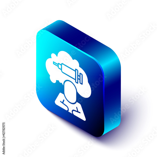 Isometric Addiction to the drug icon isolated on white background. Heroin, narcotic, addiction, illegal. Sick junkie with a syringe and medical pills. Blue square button. Vector