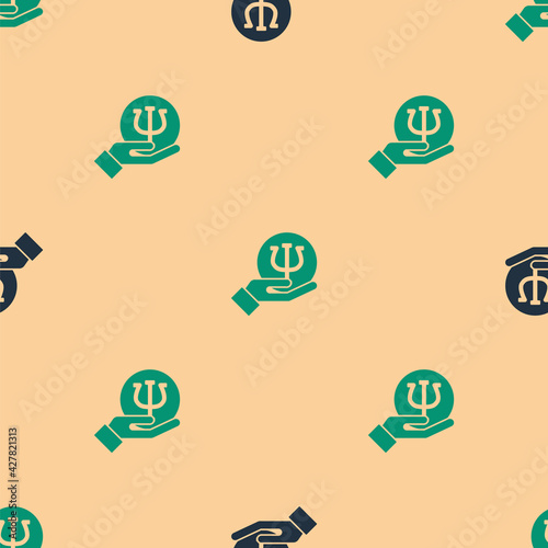 Green and black Psychology icon isolated seamless pattern on beige background. Psi symbol. Mental health concept, psychoanalysis analysis and psychotherapy. Vector