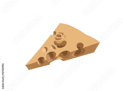 An insulated low triangular piece of cheese with large holes. Vector illustration, EPS 10. White background.